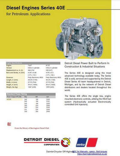 image Detroit Diesel Series 40 Petrol Engine Spec Sheet -  p1 of 2 pages
