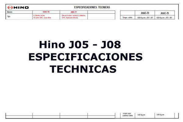 Hino J08, JO5 Especifaciones Tecnicas
